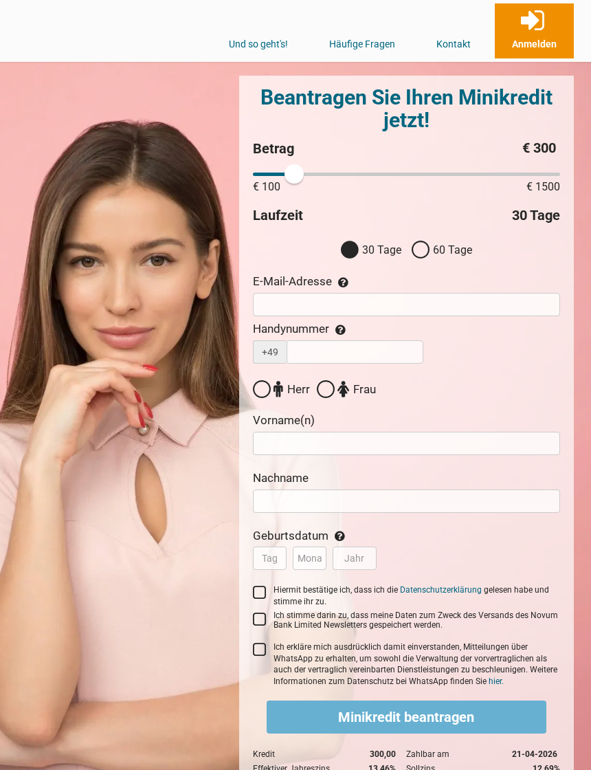 Screenshot des Cashper-Antrags mit Betrag, Laufzeit und Minikredit-Formular