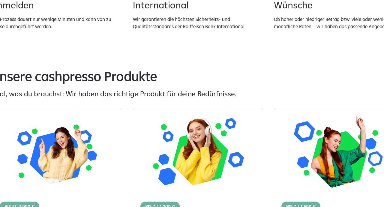 Screenshot der Cashpresso-Produktseite mit flexibler Ratenzahlung und weiteren Produktoptionen
