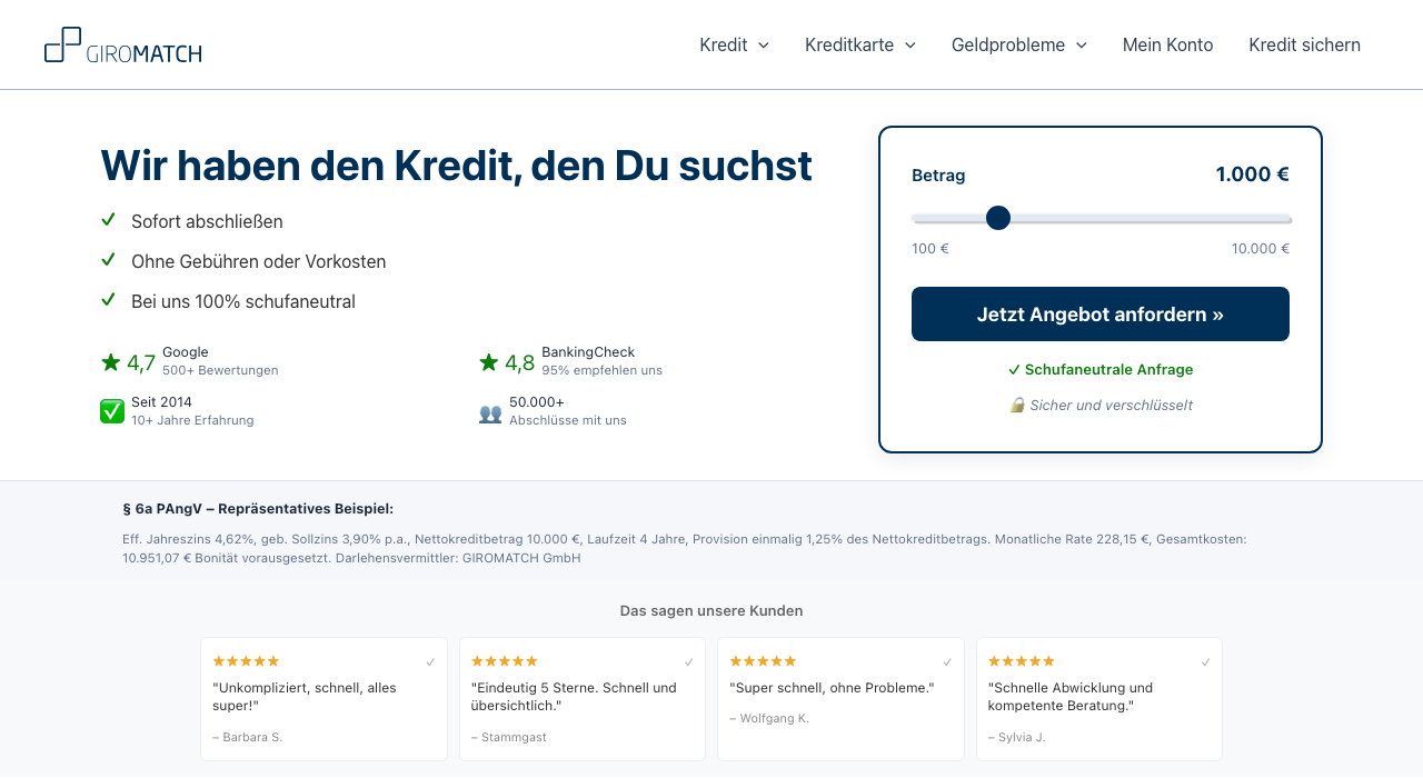 GIROMATCH Expresskredit - Kreditvermittlungsplattform Homepage