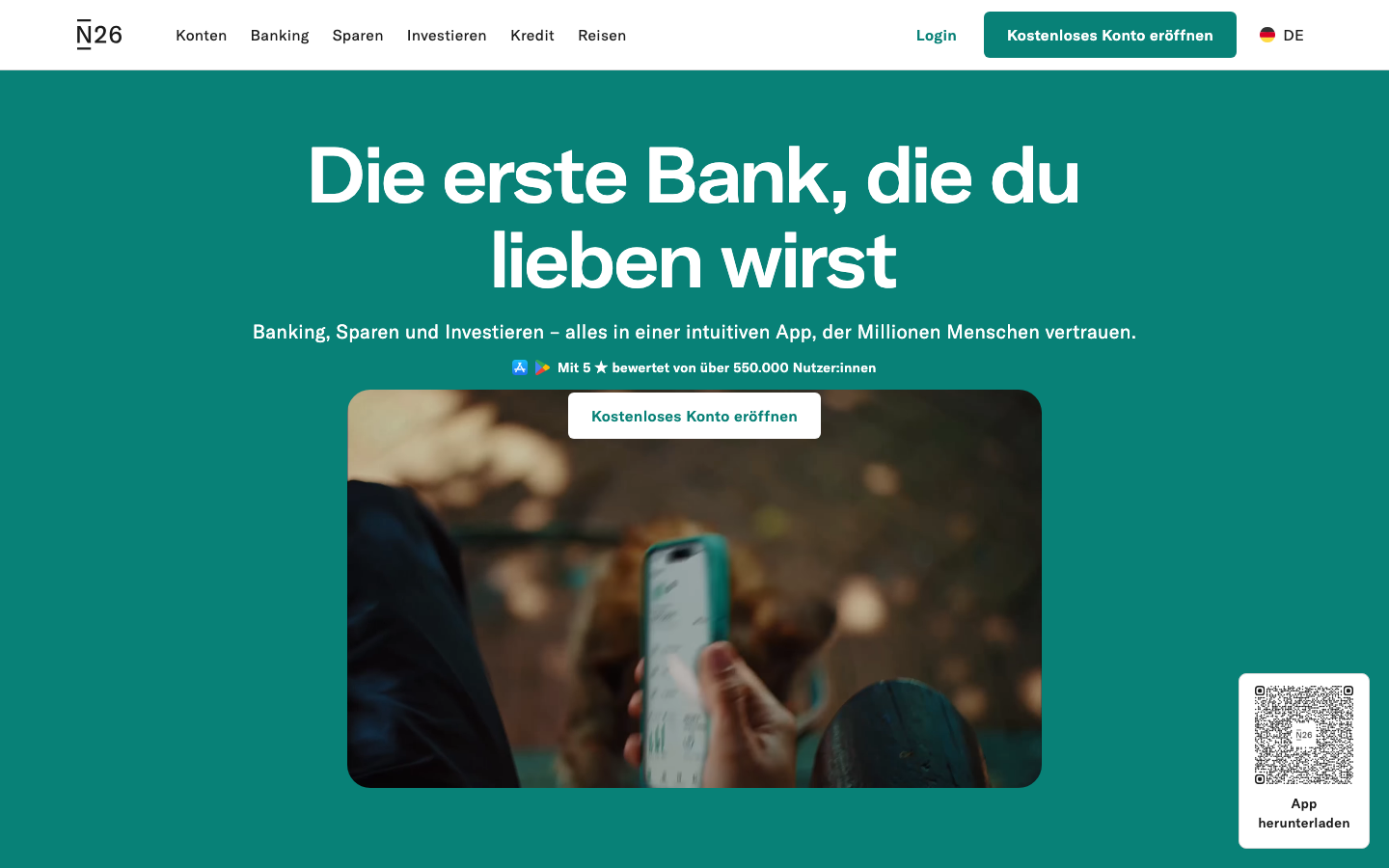 N26 Bank Webseite - Girokonto und Banking App