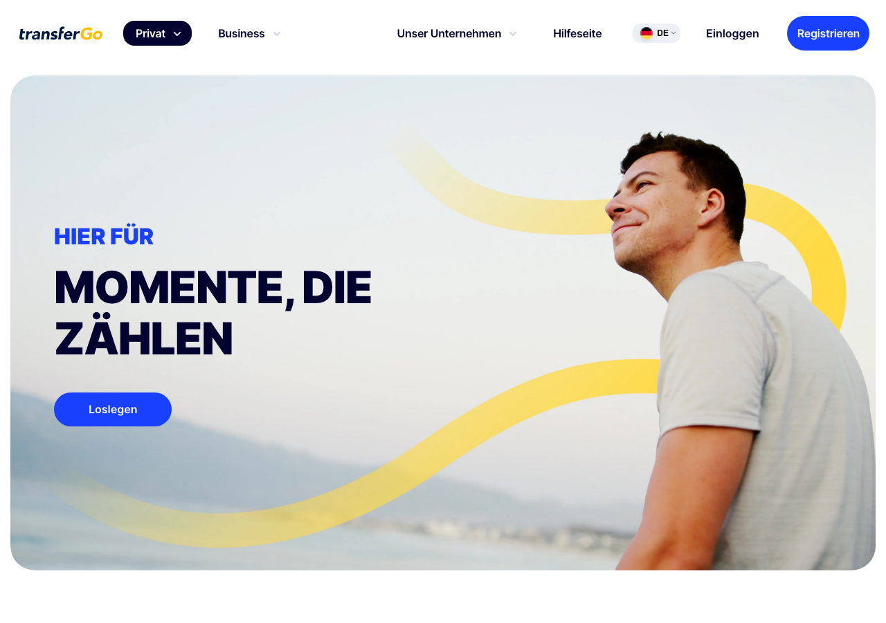 TransferGo Startseite Screenshot 2026
