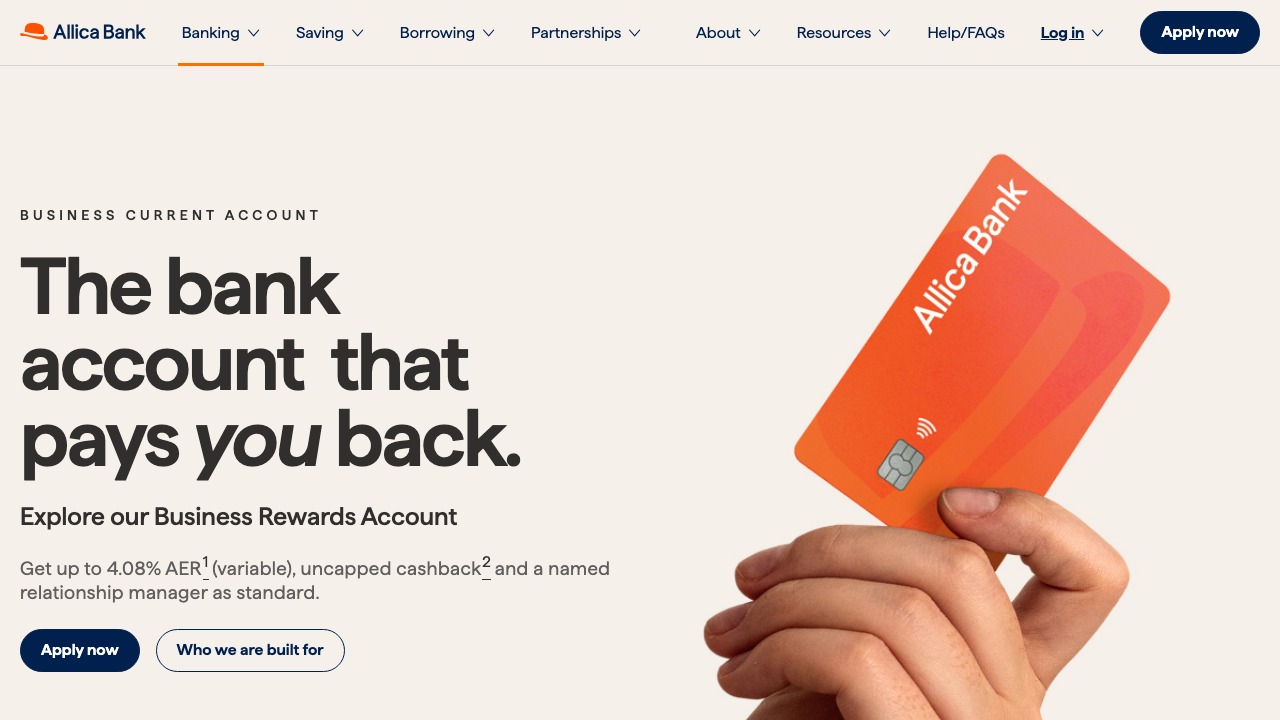 Screenshot of the website of Allica Bank Business Rewards Account