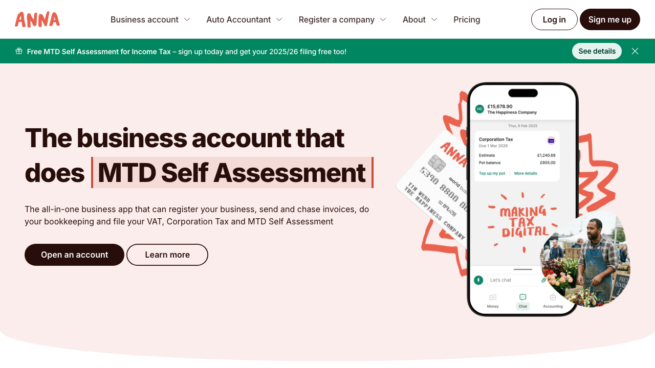 Screenshot of the website of ANNA Money Business Account