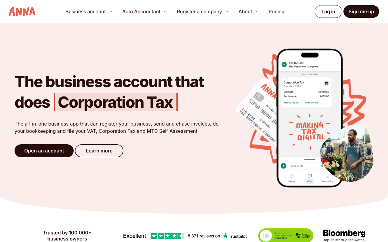 ANNA Money homepage — free-tier business account with automated tax and VAT tools