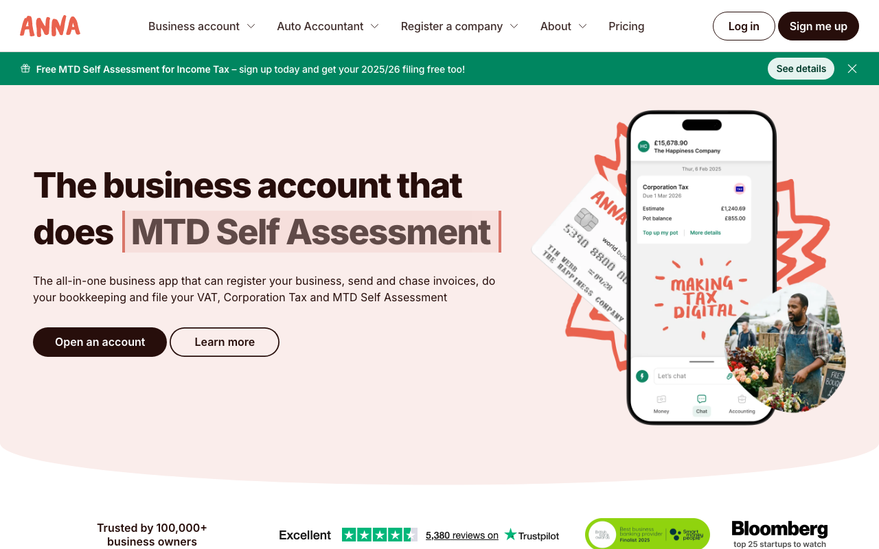 ANNA Money business account homepage — free-tier business account with automated tax and VAT tools for sole traders
