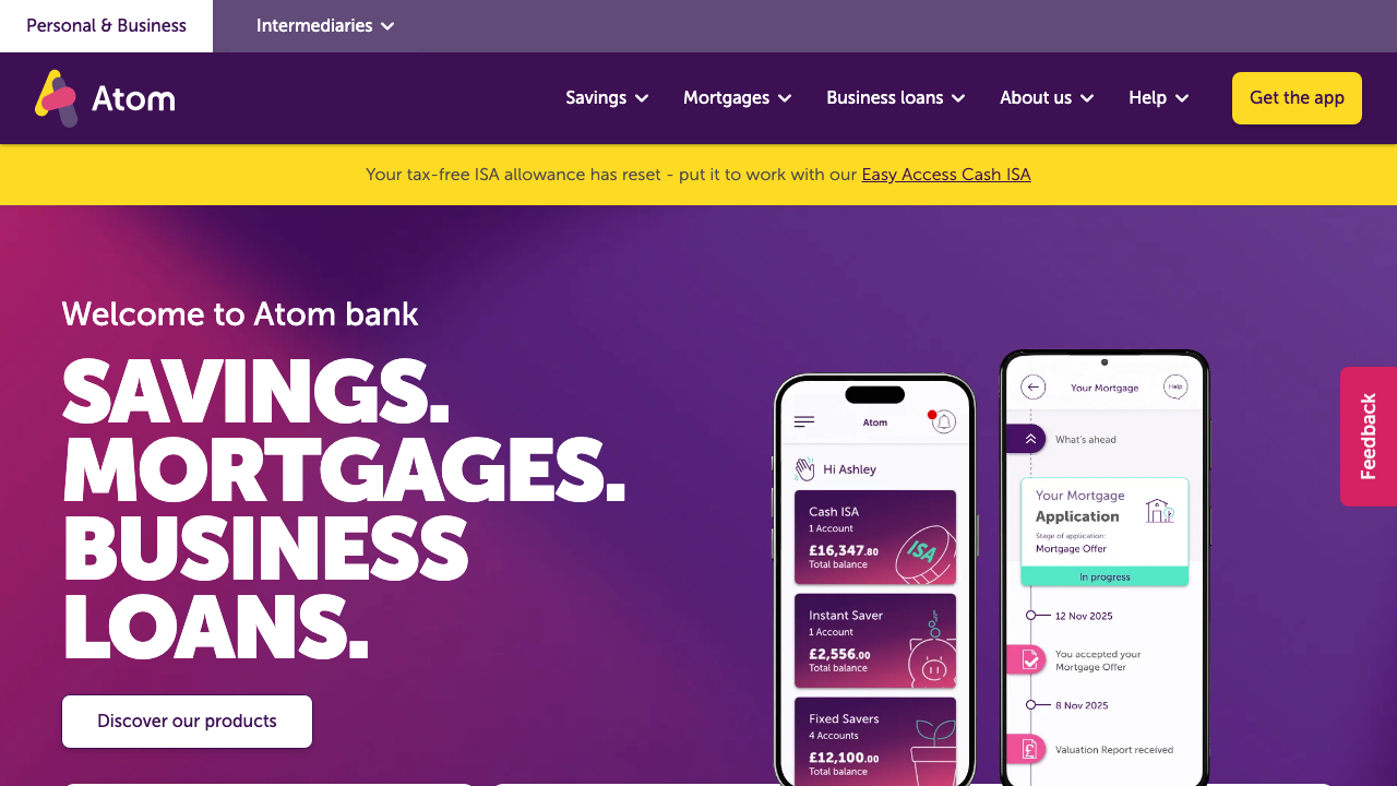 Screenshot of the website of Atom Bank Instant Saver