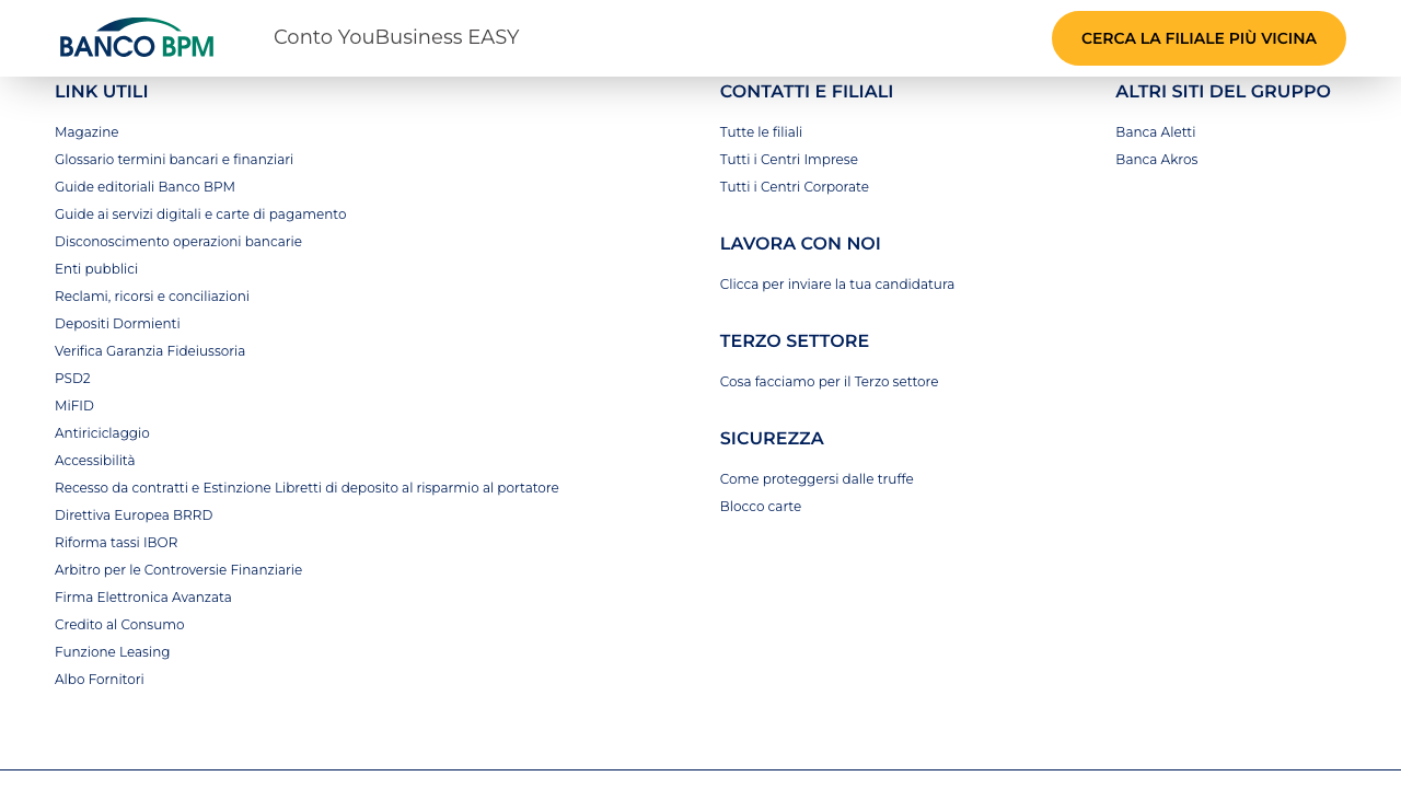 Screenshot del sito di Banco BPM Conto YouBusiness Easy
