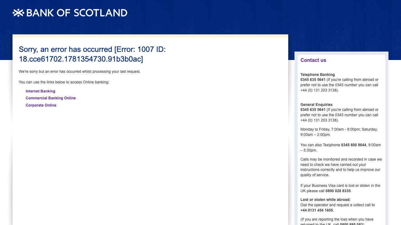 Screenshot of the website of Bank of Scotland Business Bank Account