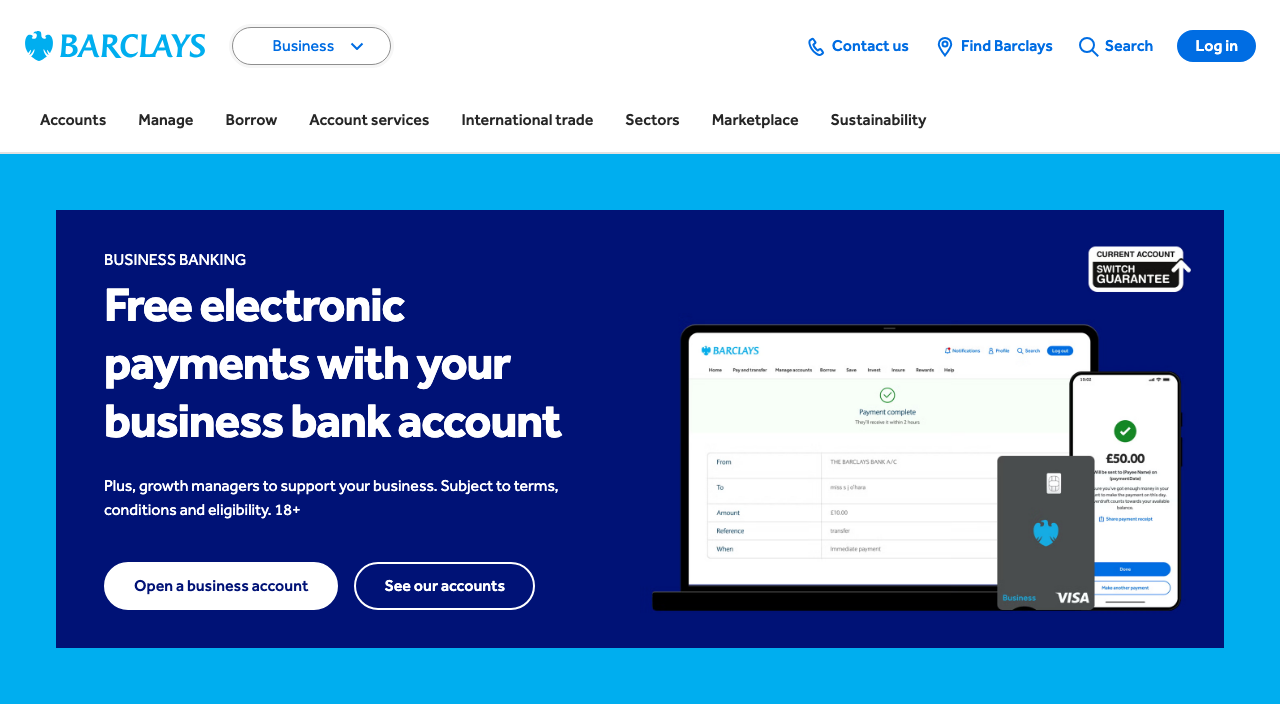Screenshot of the website of Barclays Business Current Account