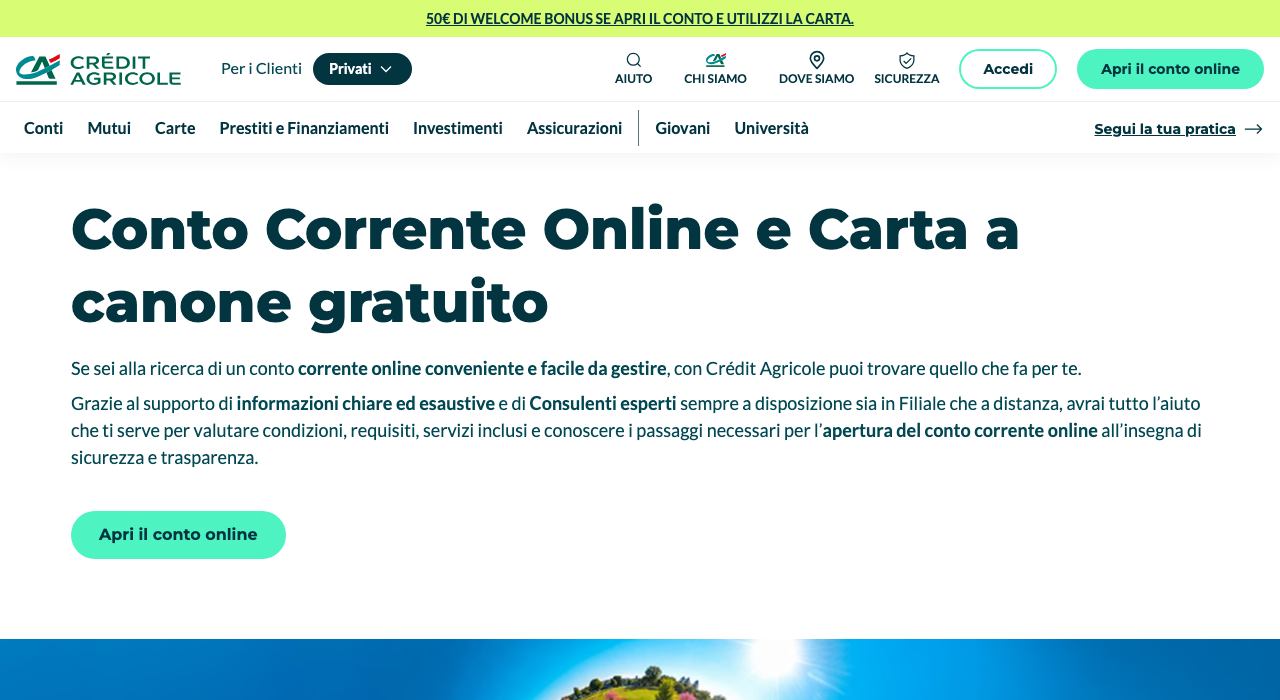 Credit Agricole Italia, conto corrente online canone gratuito