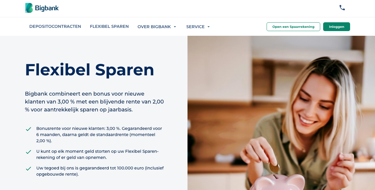 Screenshot van de website van Bigbank Flexibel Sparen