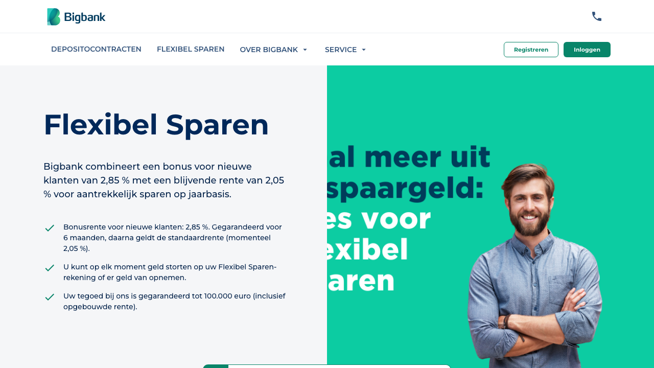 Screenshot van de website van Bigbank Flexibel Sparen