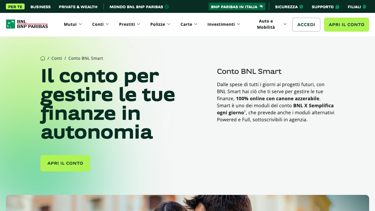 Screenshot del sito di BNL BNP Paribas Conto BNL Smart