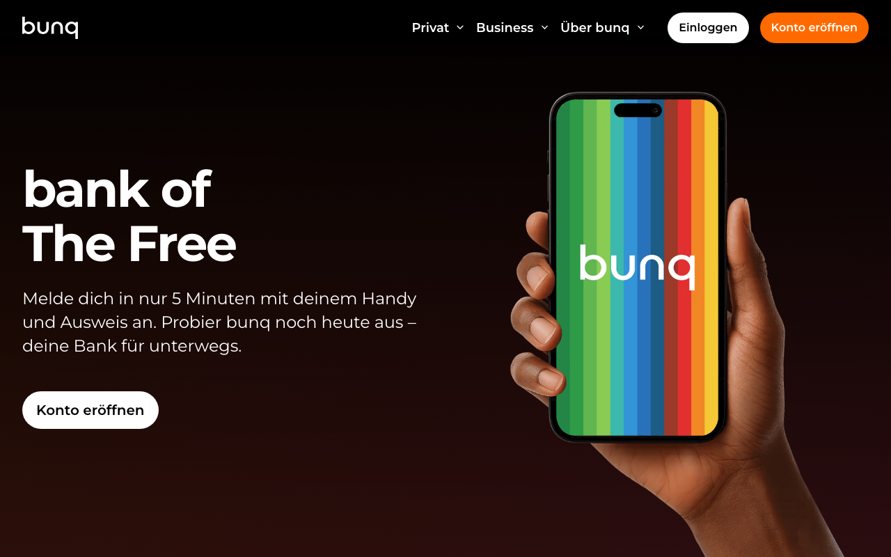 Screenshot der bunq-Homepage 2026