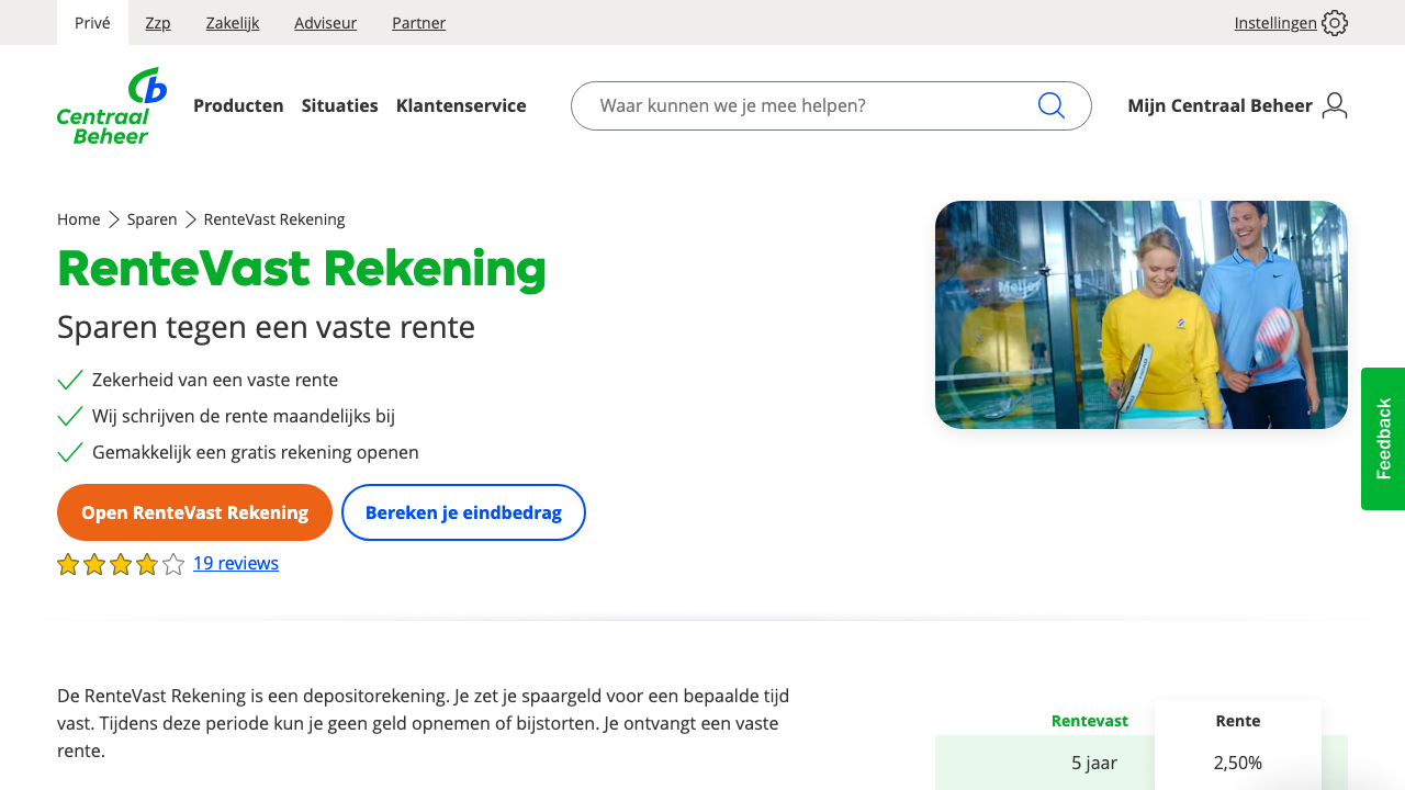 Screenshot van de website van Centraal Beheer (Achmea Bank) Centraal Beheer RenteVast Rekening
