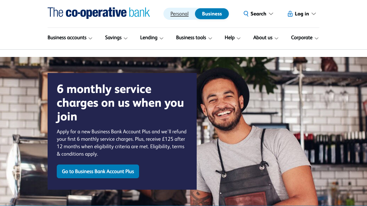 Screenshot of the website of Co-operative Bank Business Account