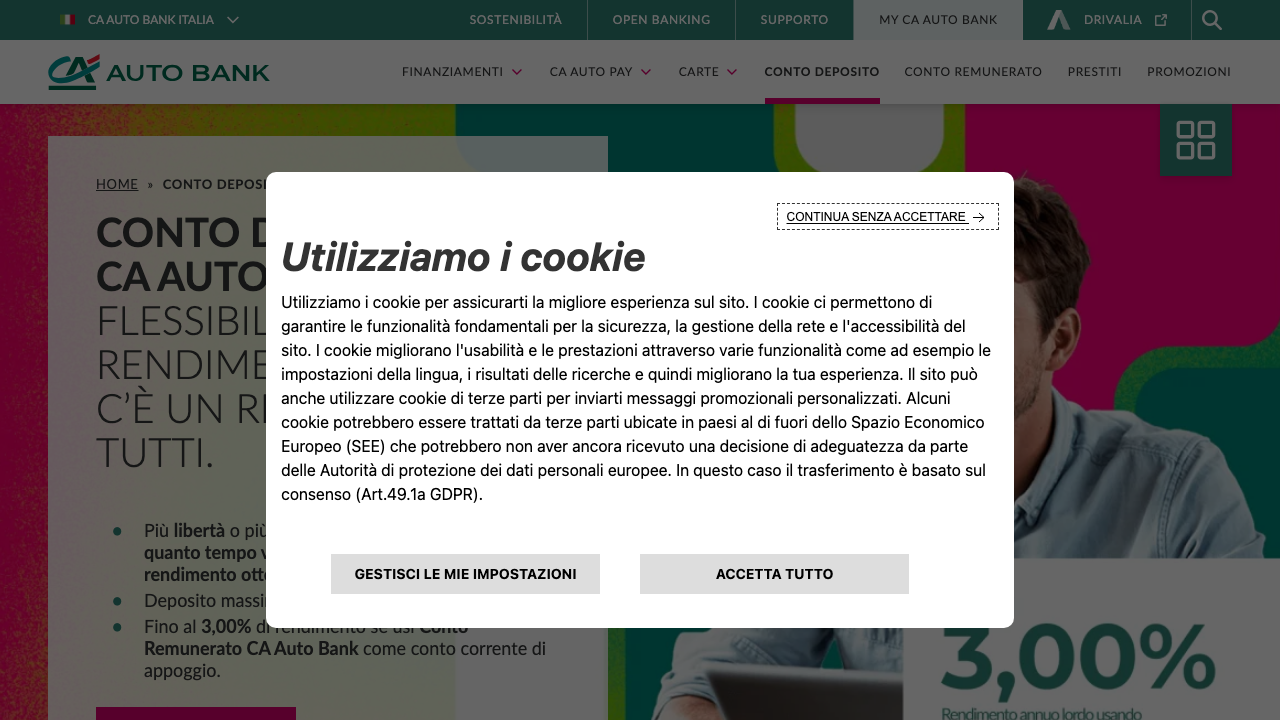 Screenshot del sito di Conto Deposito CA Auto Bank