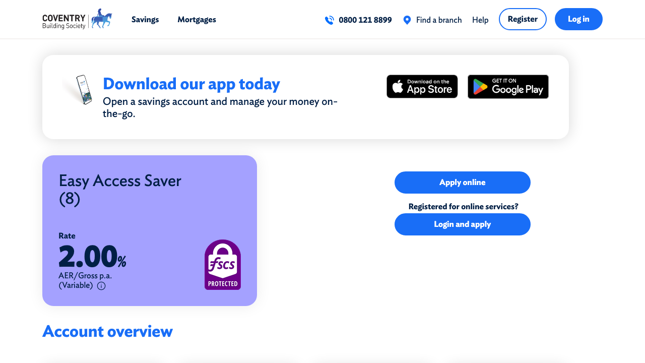 Screenshot of the website of Coventry Building Society Easy Access Saver
