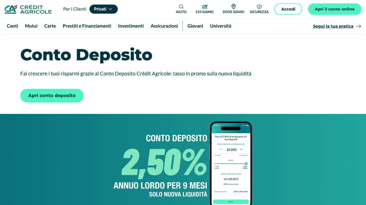 Screenshot del sito di Crédit Agricole Italia Conto Deposito Crédit Agricole