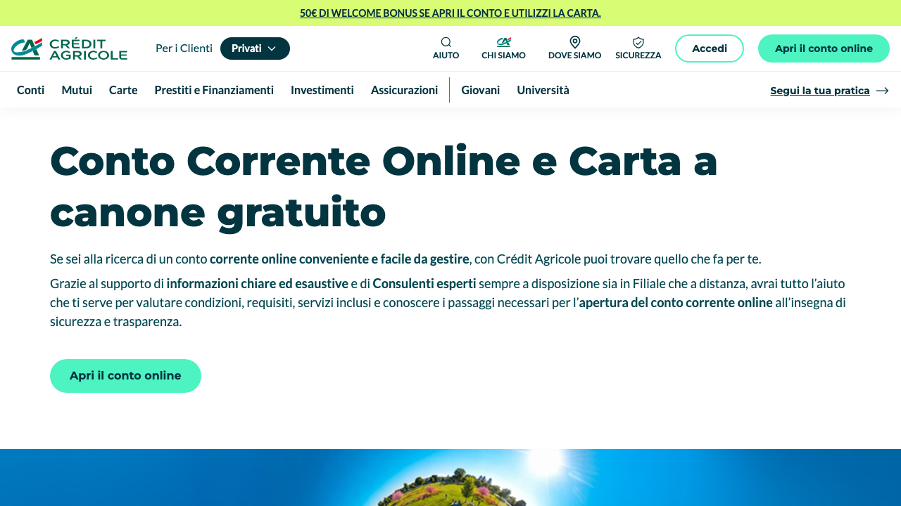 Screenshot del sito di Crédit Agricole Italia Conto Online Crédit Agricole