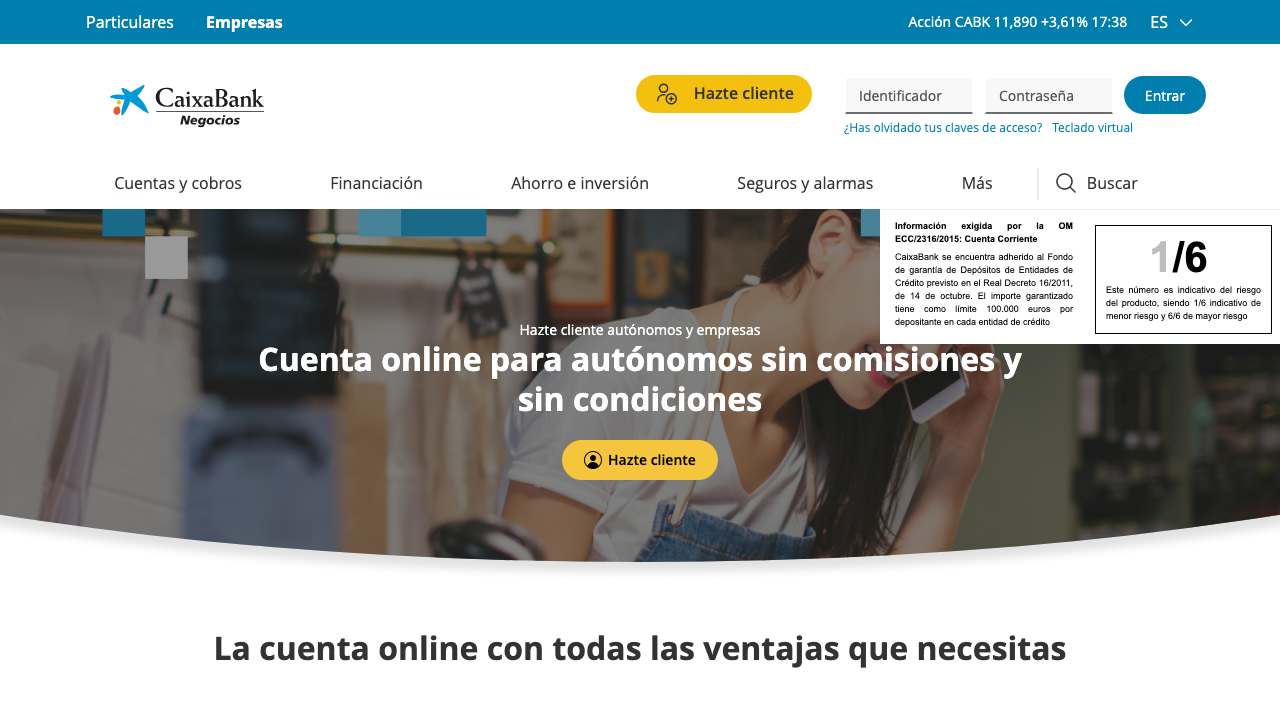 Captura del sitio de Cuenta Autónomos CaixaBank