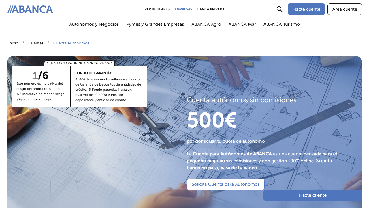 Captura del sitio de Cuenta Clara Autónomos Abanca