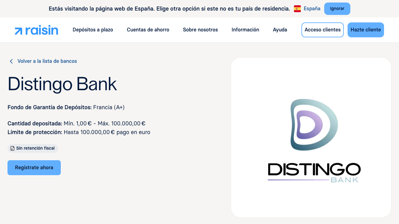 Captura del sitio de Cuenta de Ahorro Distingo Bank