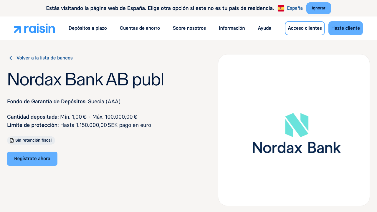 Captura del sitio de Cuenta de Ahorro Nordax Bank (vía Raisin)