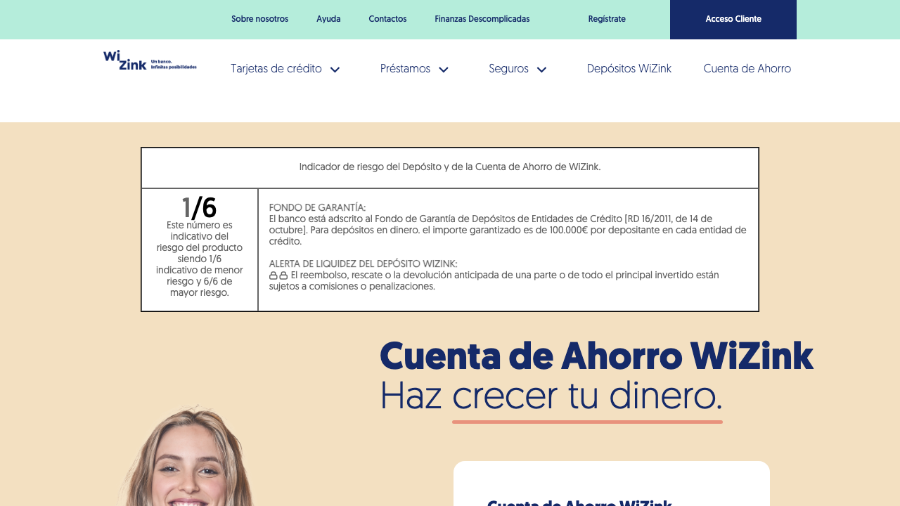 Captura del sitio de Cuenta de Ahorro WiZink