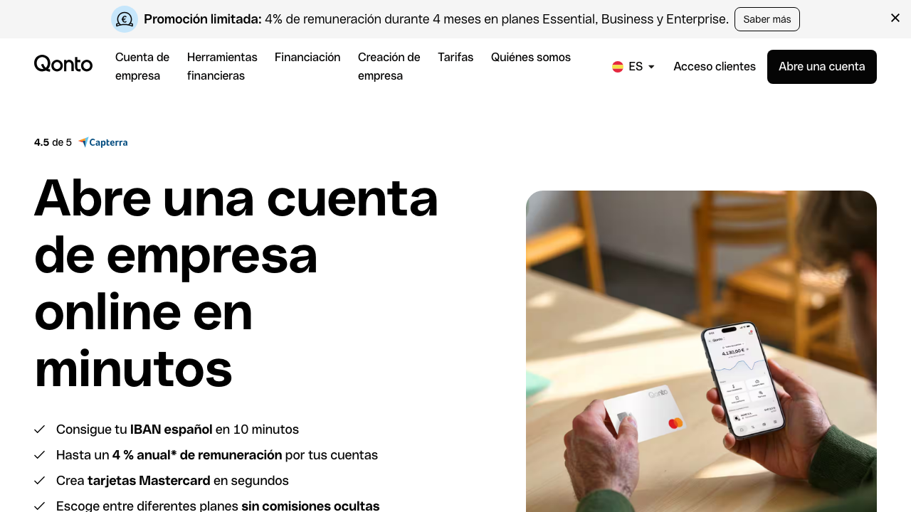 Captura del sitio de Cuenta de Empresa Qonto