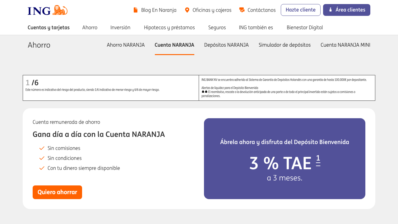 Captura del sitio de Cuenta Naranja ING