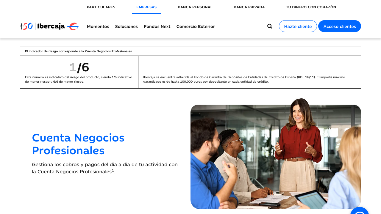 Captura del sitio de Cuenta Negocios Profesionales Ibercaja