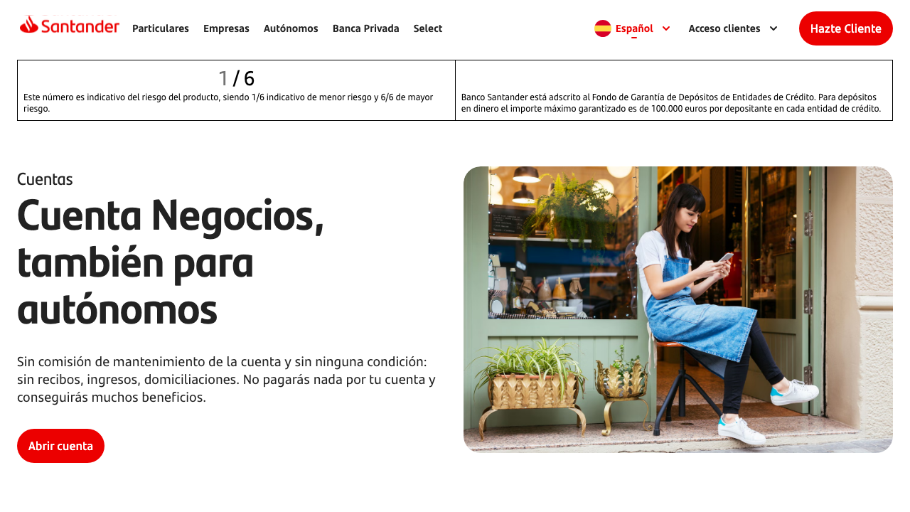 Captura del sitio de Cuenta Negocios Santander