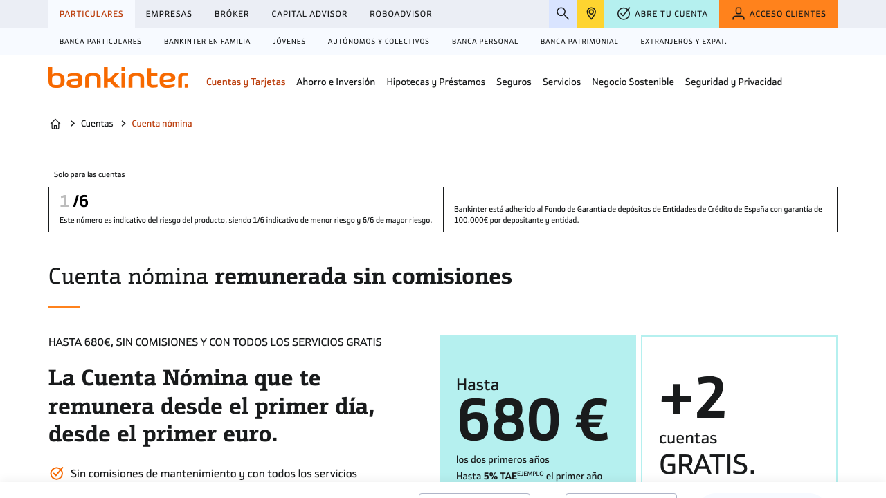 Captura del sitio de Cuenta Nómina Bankinter