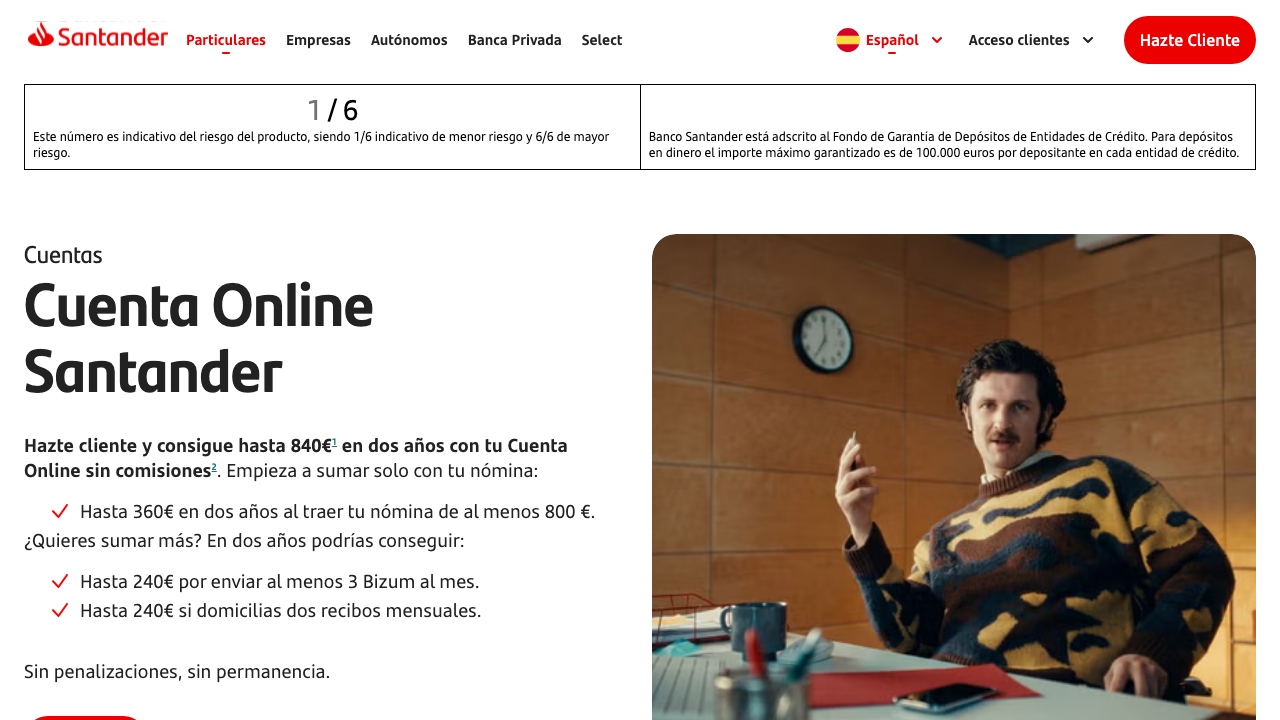 Captura del sitio de Cuenta Online Sin Comisiones Santander