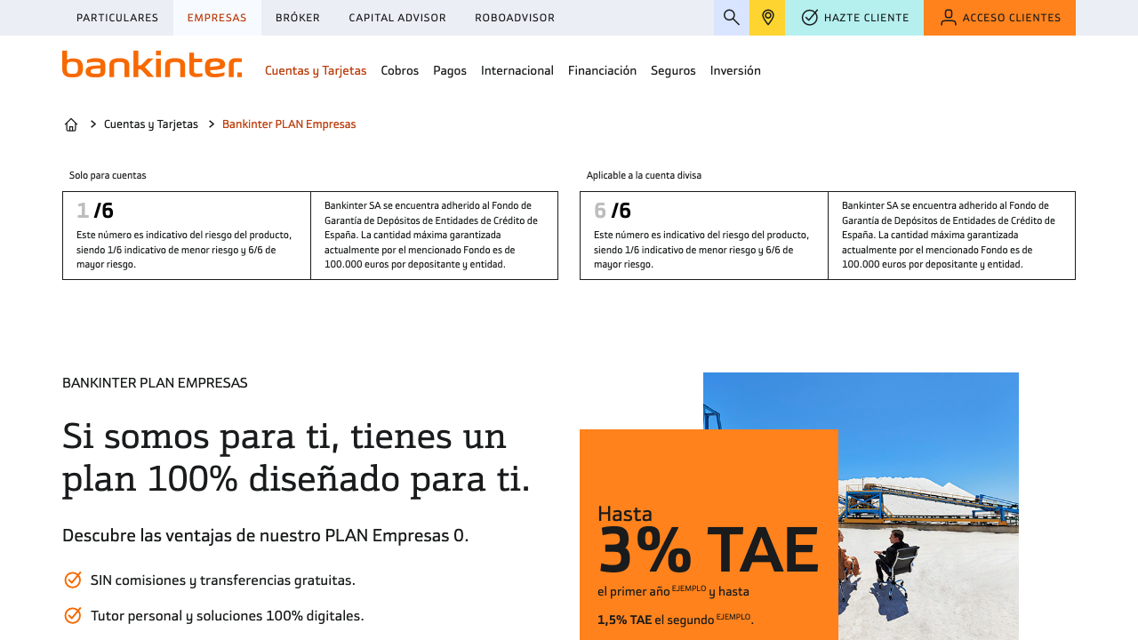 Captura del sitio de Cuenta Plan Empresas 0 Bankinter