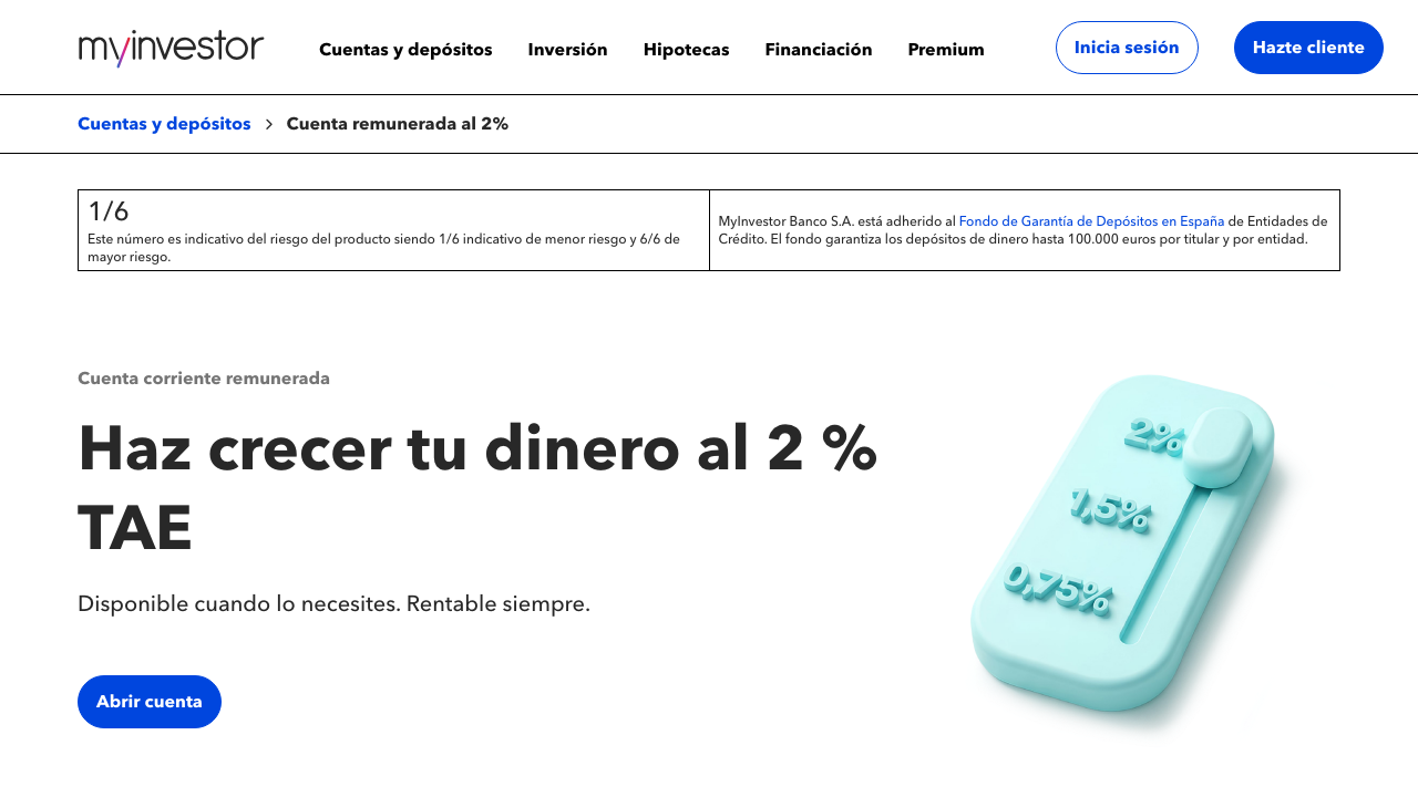 Captura del sitio de Cuenta Remunerada MyInvestor