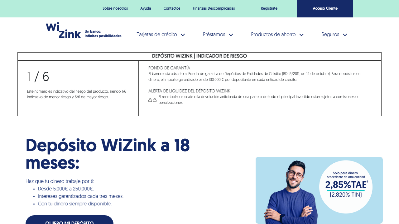 Captura del sitio de Cuenta WiZink
