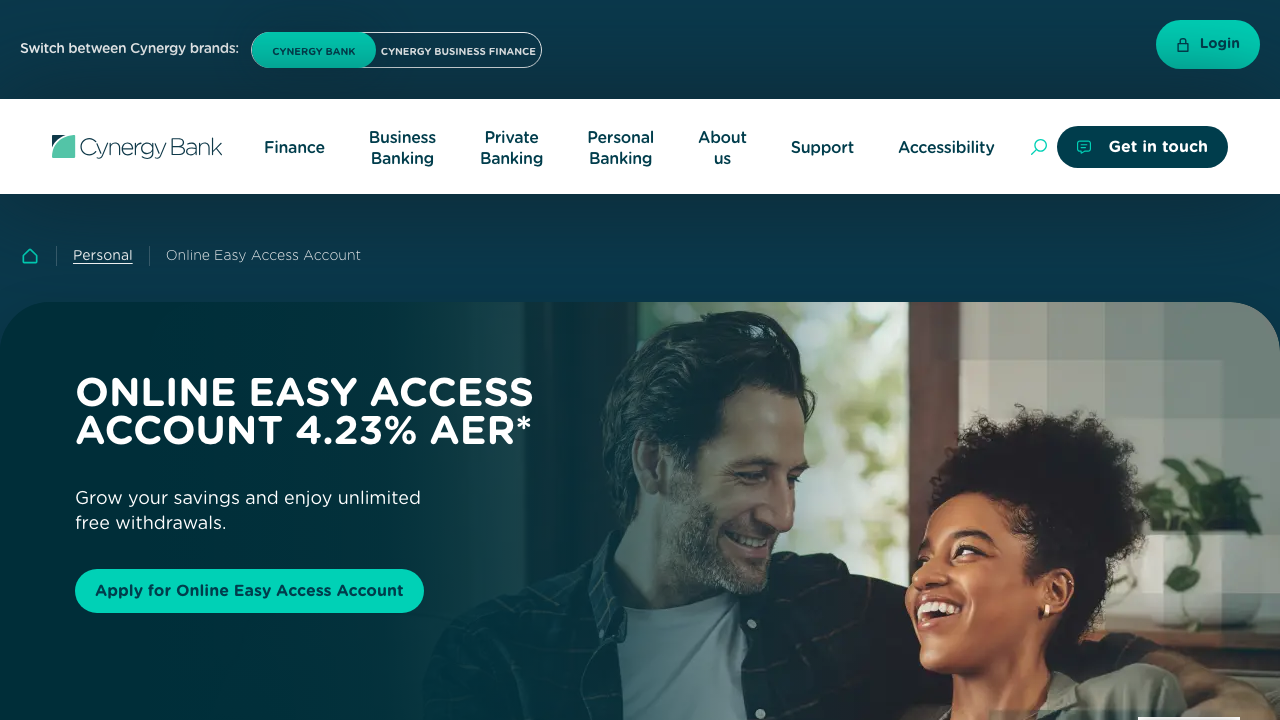 Screenshot of the website of Cynergy Bank Online Easy Access Account