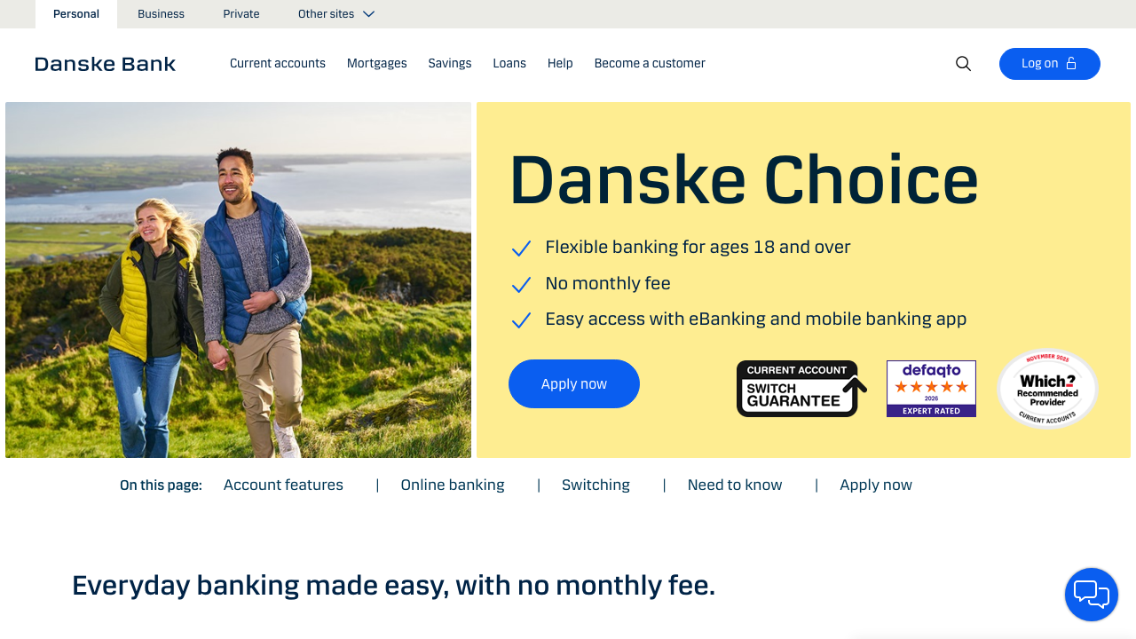 Screenshot of the website of Danske Bank Personal Current Account