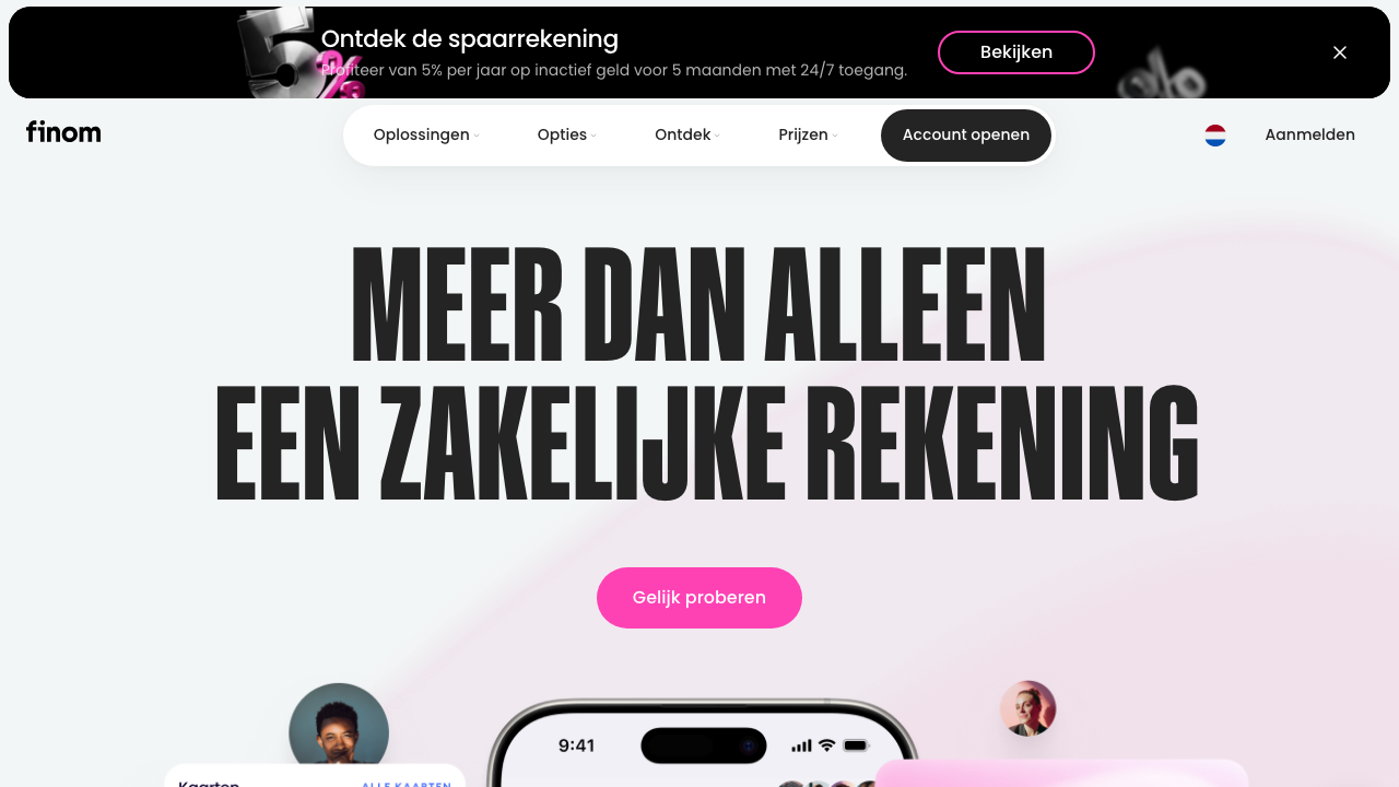 Screenshot van de website van Finom Zakelijke Rekening NL