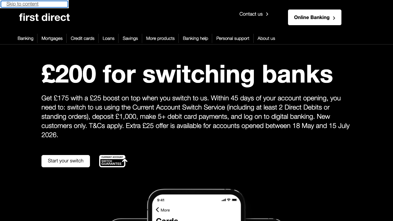 Screenshot of the website of first direct 1st Account