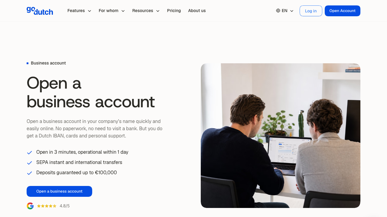 Screenshot van de website van GoDutch Zakelijke Rekening