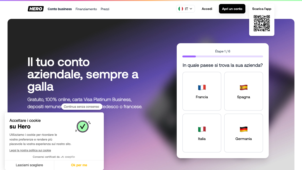 Screenshot del sito di HeroPay Conto Aziendale