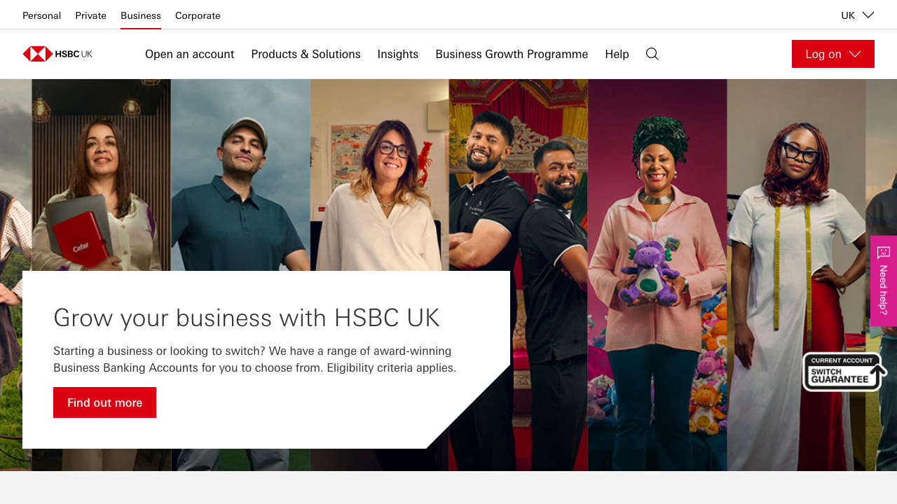 Screenshot of the website of HSBC Business Current Account