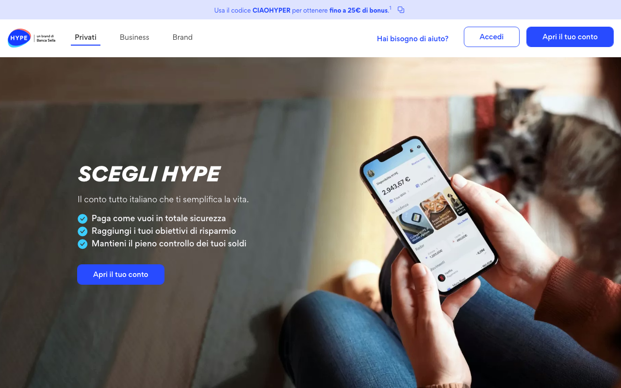Schermata homepage HYPE - conto digitale italiano