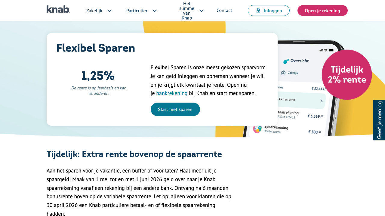 Screenshot van de website van Knab Flexibel Sparen
