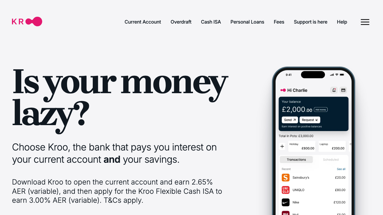 Screenshot of the website of Kroo Current Account