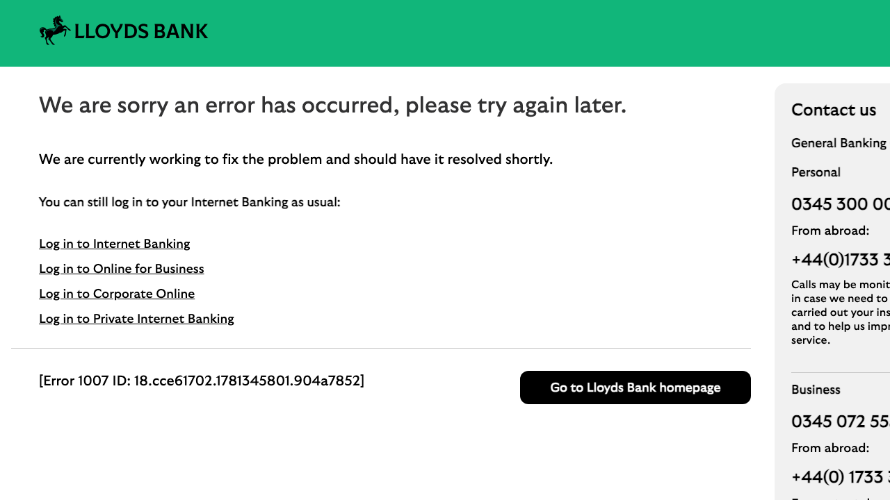 Screenshot of the website of Lloyds Business Bank Account
