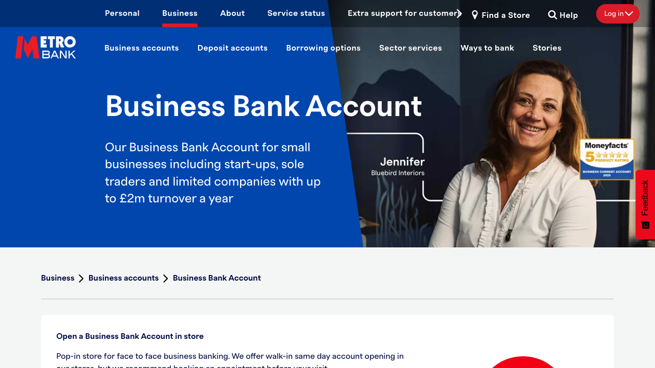 Screenshot of the website of Metro Bank Business Current Account